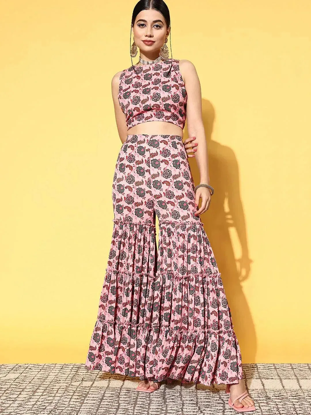 Pink Printed Georgette Top With Sharara