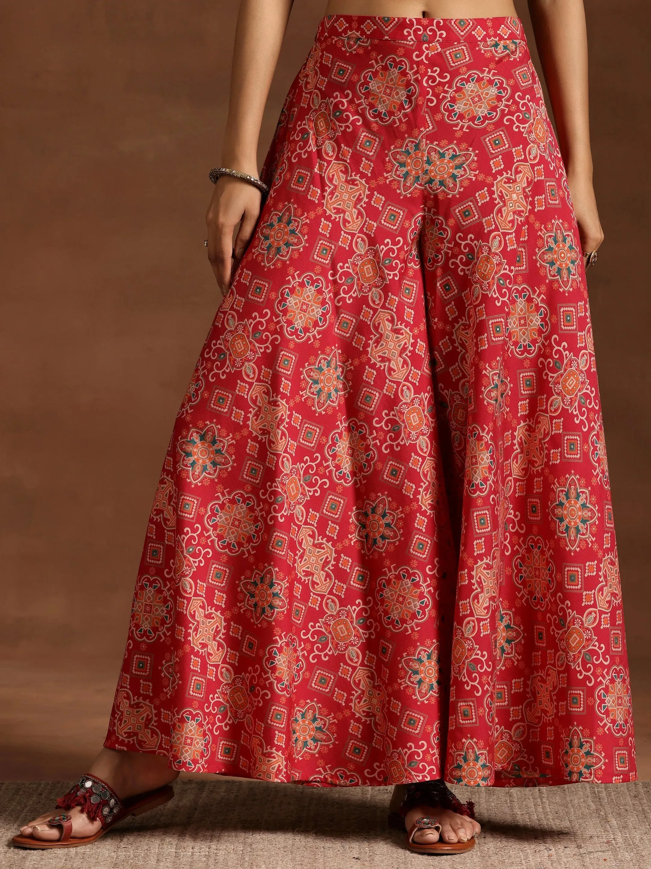 Pink Printed Silk Blend Straight Kurta With Palazzos