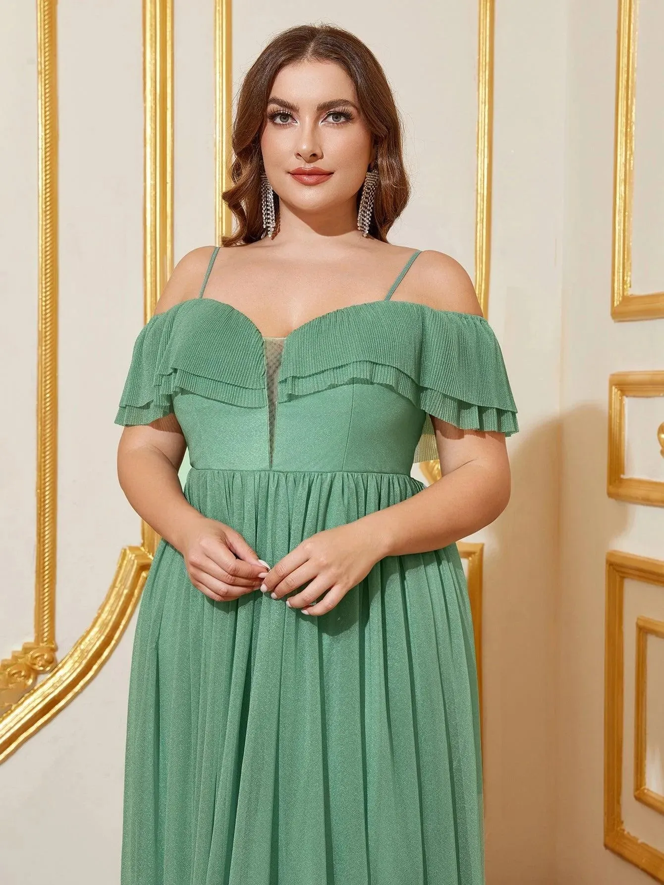 Plus Cold Shoulder Layered Ruffle Trim Bridesmaid Dress