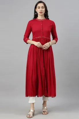 Red Cotton Flared Kurta