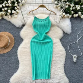 Rhinestone Studded Knitted Slip Dress