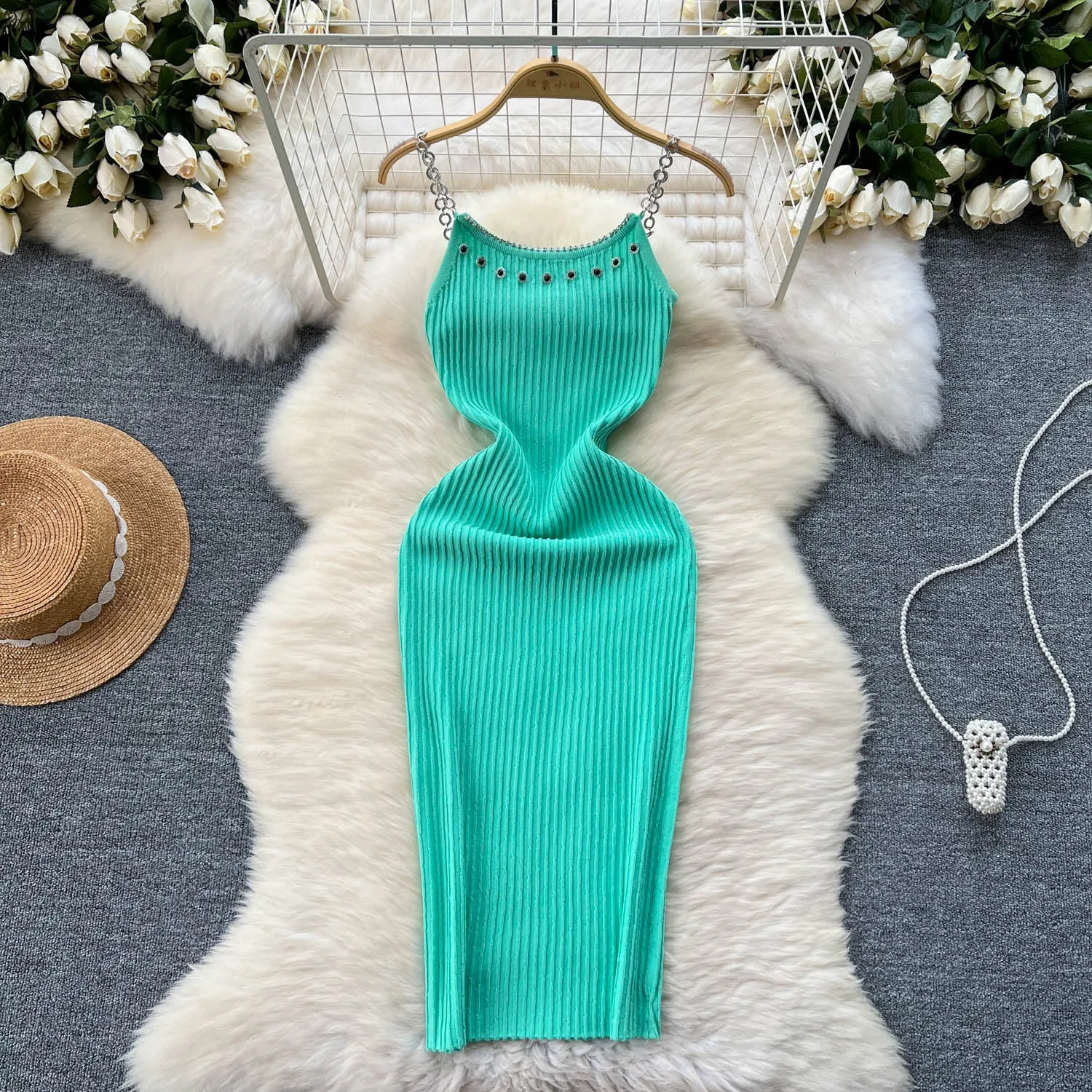 Rhinestone Studded Knitted Slip Dress