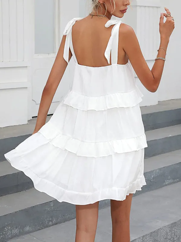 Textured Tiered Flowy Tie-Shoulder Vacation Cami Dress
