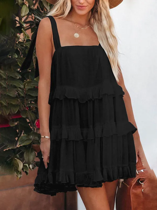 Textured Tiered Flowy Tie-Shoulder Vacation Cami Dress