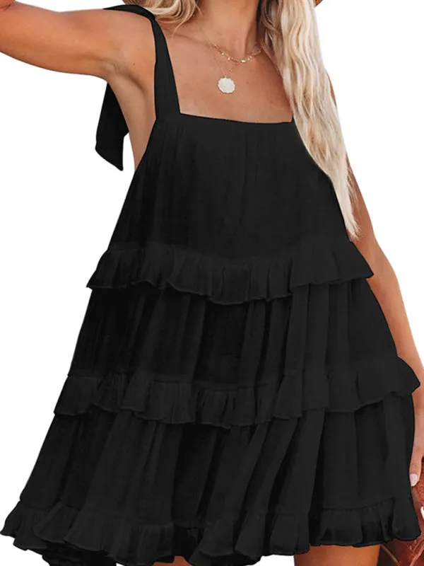 Textured Tiered Flowy Tie-Shoulder Vacation Cami Dress