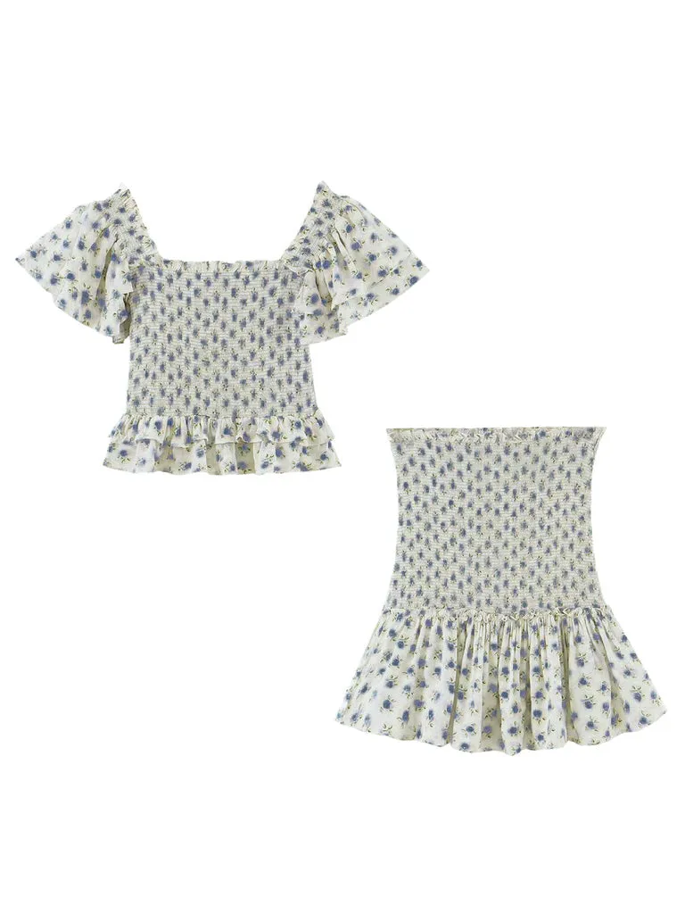 Updated Ditsy Floral 2-Piece  Ruffled Crop Top & Hip-wrapping Skirt
