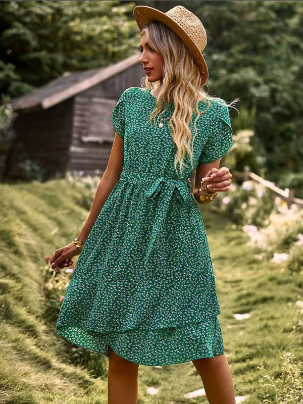 Versatile Floral Waist-Tie Dress with Layered Skirt