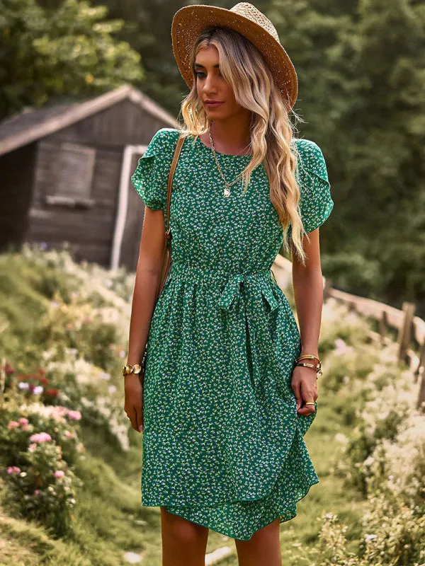 Versatile Floral Waist-Tie Dress with Layered Skirt