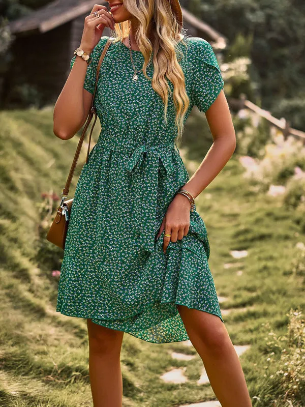 Versatile Floral Waist-Tie Dress with Layered Skirt