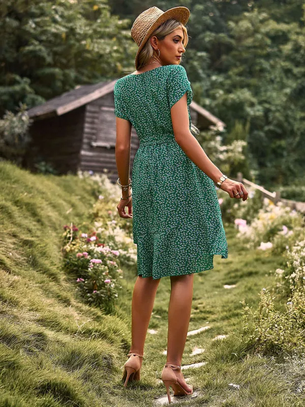 Versatile Floral Waist-Tie Dress with Layered Skirt
