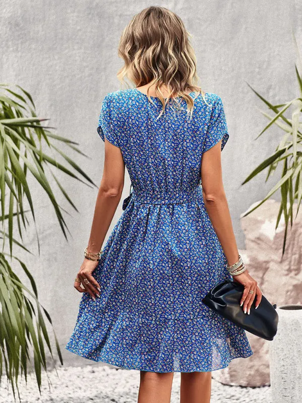 Versatile Floral Waist-Tie Dress with Layered Skirt