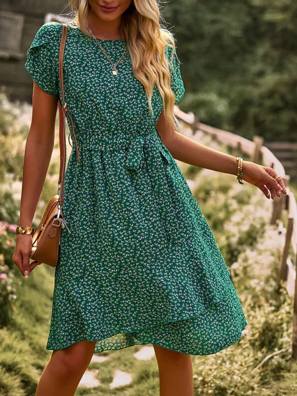 Versatile Floral Waist-Tie Dress with Layered Skirt