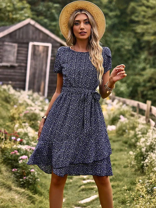 Versatile Floral Waist-Tie Dress with Layered Skirt