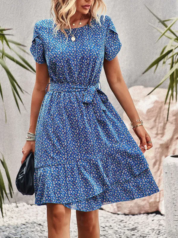Versatile Floral Waist-Tie Dress with Layered Skirt