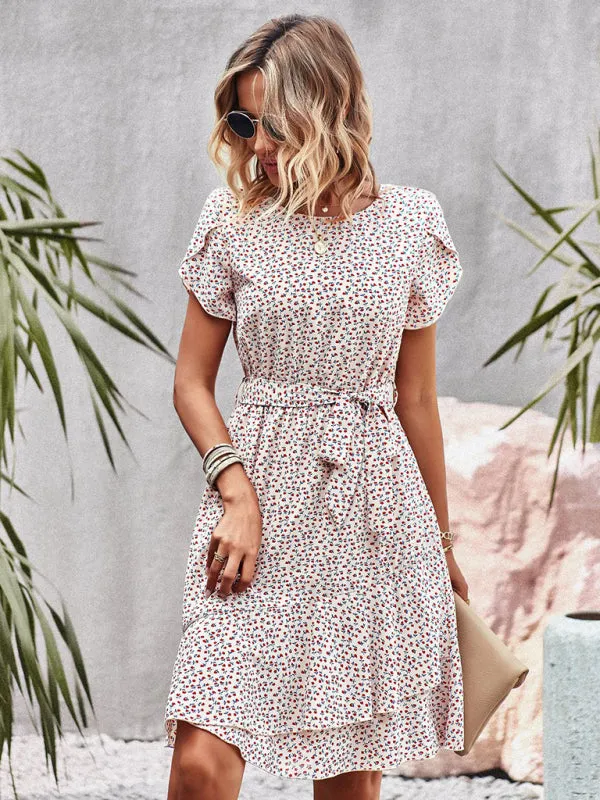 Versatile Floral Waist-Tie Dress with Layered Skirt