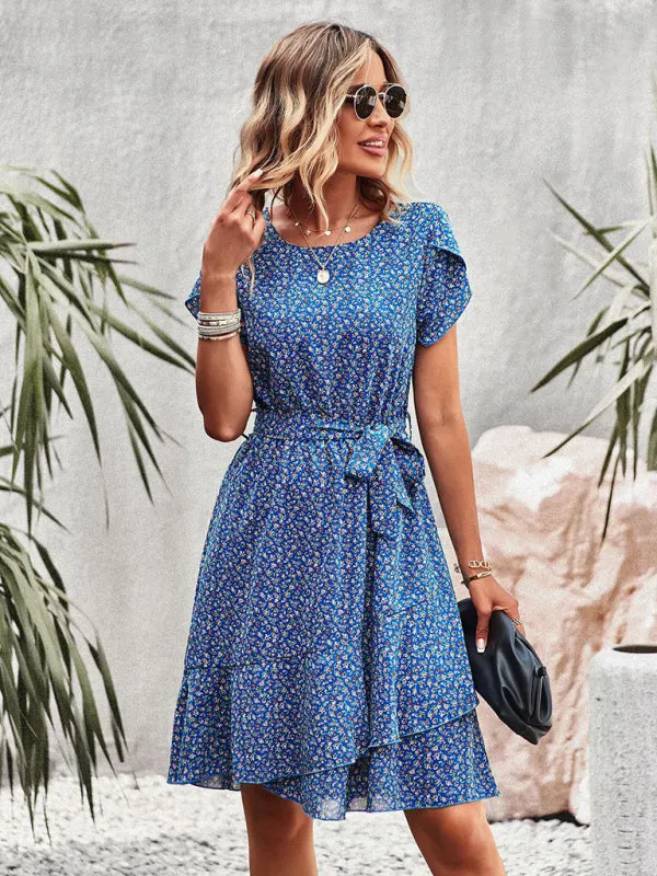 Versatile Floral Waist-Tie Dress with Layered Skirt