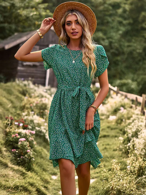 Versatile Floral Waist-Tie Dress with Layered Skirt