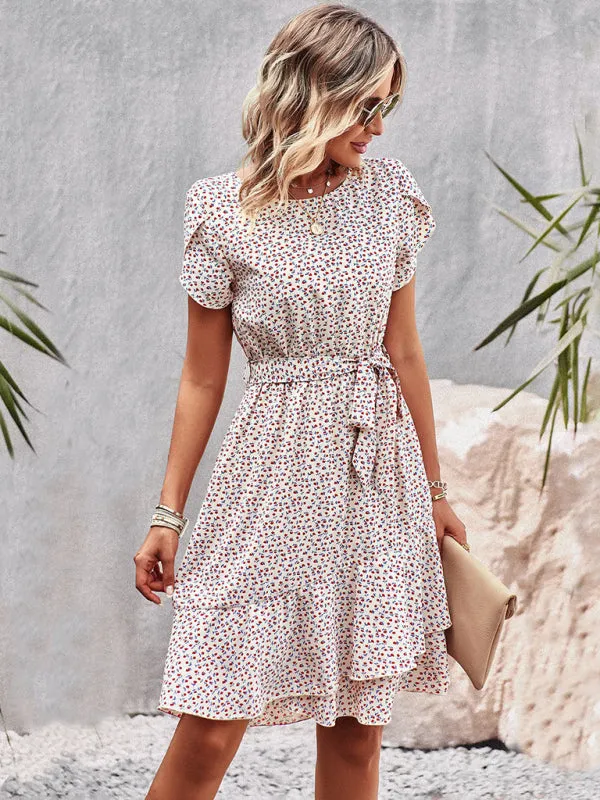 Versatile Floral Waist-Tie Dress with Layered Skirt