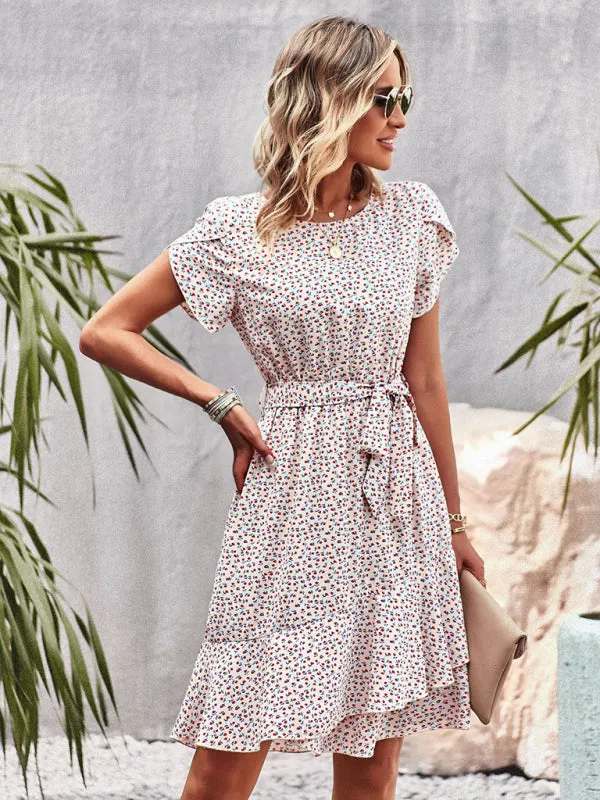 Versatile Floral Waist-Tie Dress with Layered Skirt