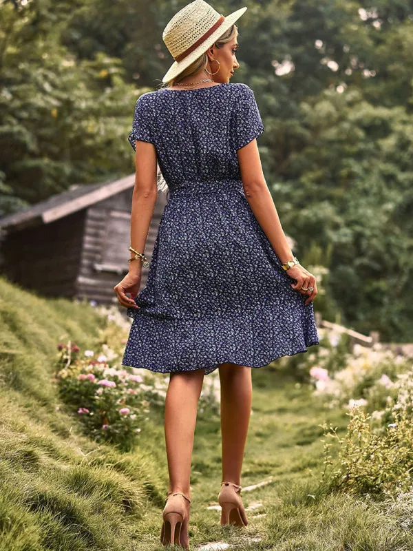 Versatile Floral Waist-Tie Dress with Layered Skirt