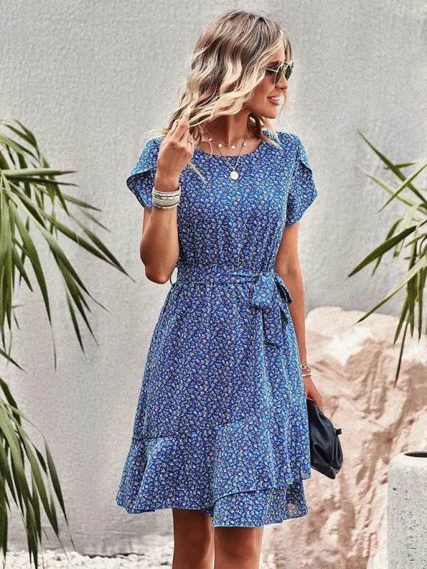Versatile Floral Waist-Tie Dress with Layered Skirt