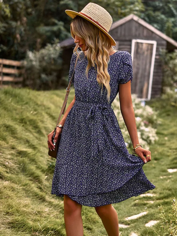 Versatile Floral Waist-Tie Dress with Layered Skirt