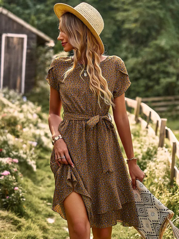 Versatile Floral Waist-Tie Dress with Layered Skirt