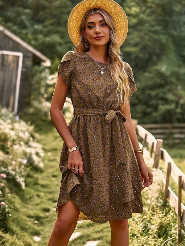 Versatile Floral Waist-Tie Dress with Layered Skirt