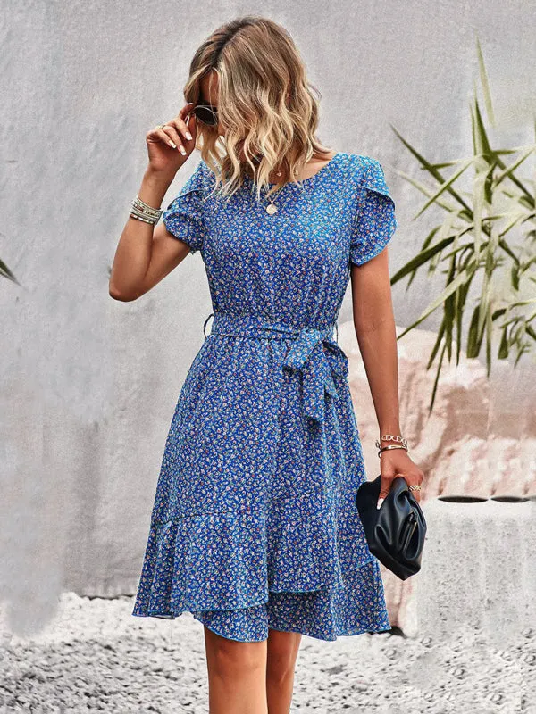Versatile Floral Waist-Tie Dress with Layered Skirt