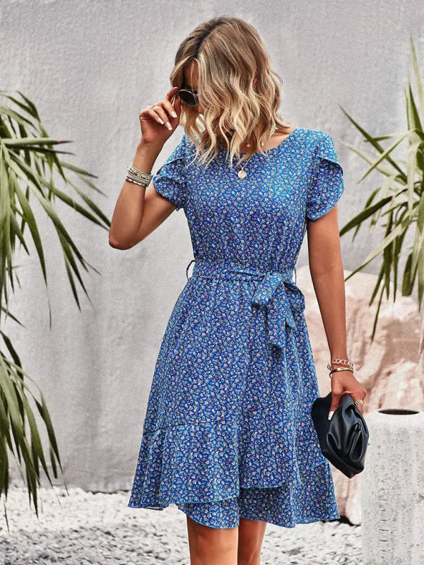 Versatile Floral Waist-Tie Dress with Layered Skirt