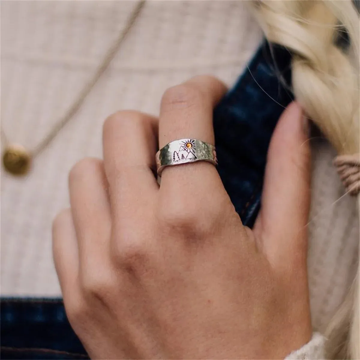 Vintage Forest Mountain Sunset Nature Landscape Carved Rings