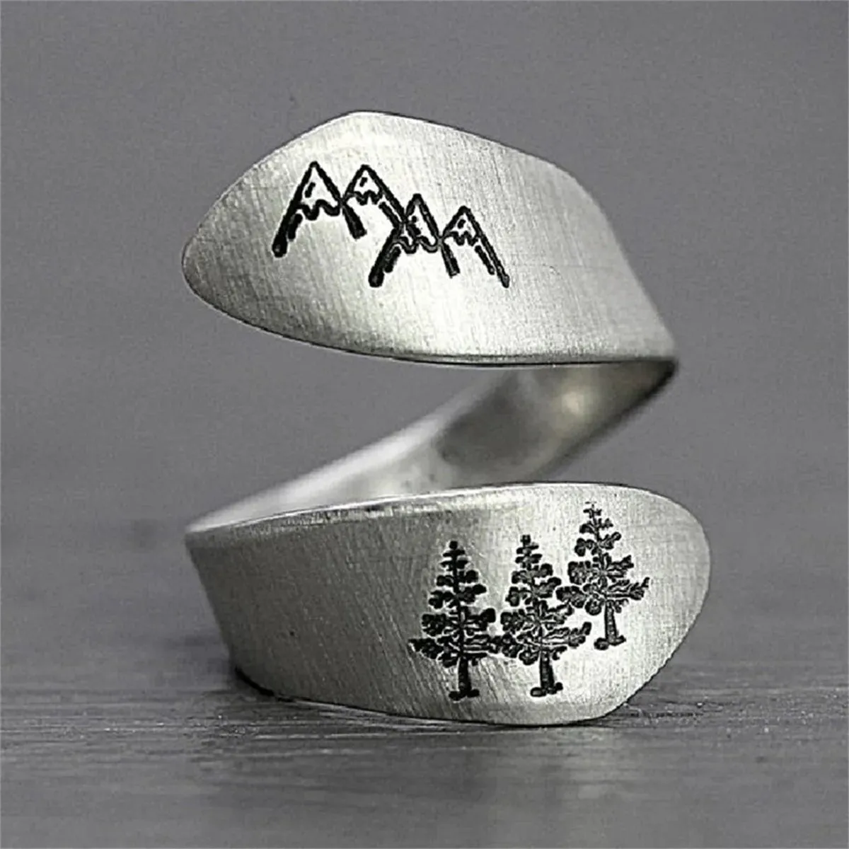 Vintage Forest Mountain Sunset Nature Landscape Carved Rings