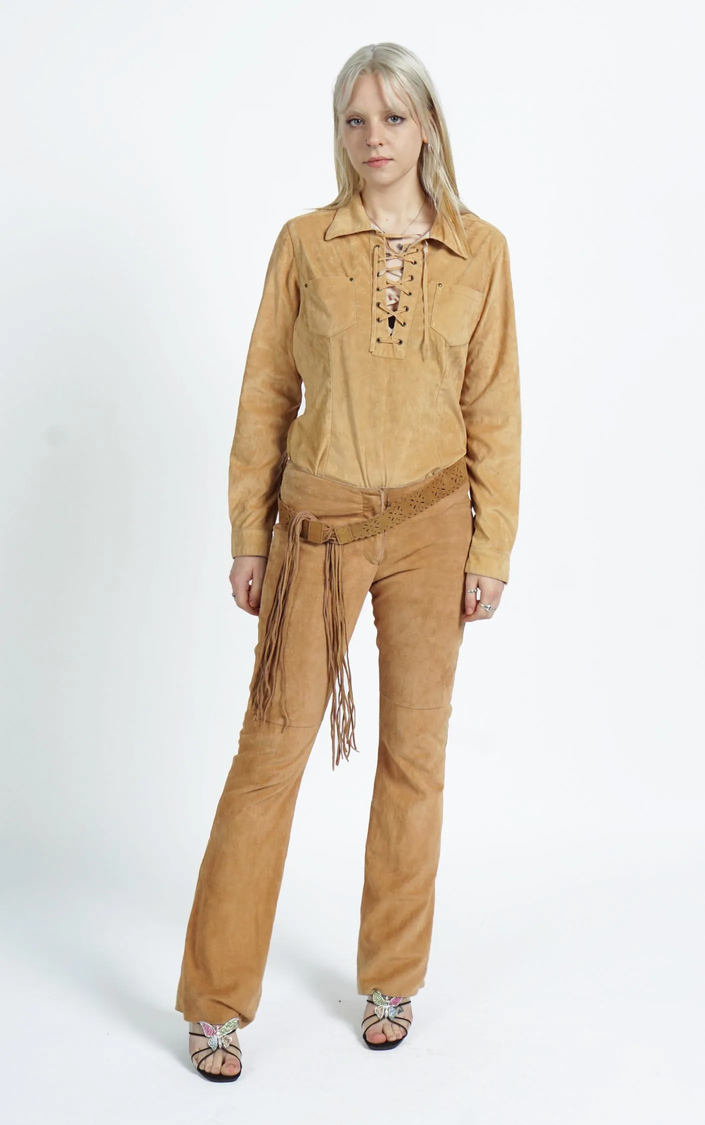 VINTAGE Y2K Brown Leather Flared Boot Cut Belted Pants