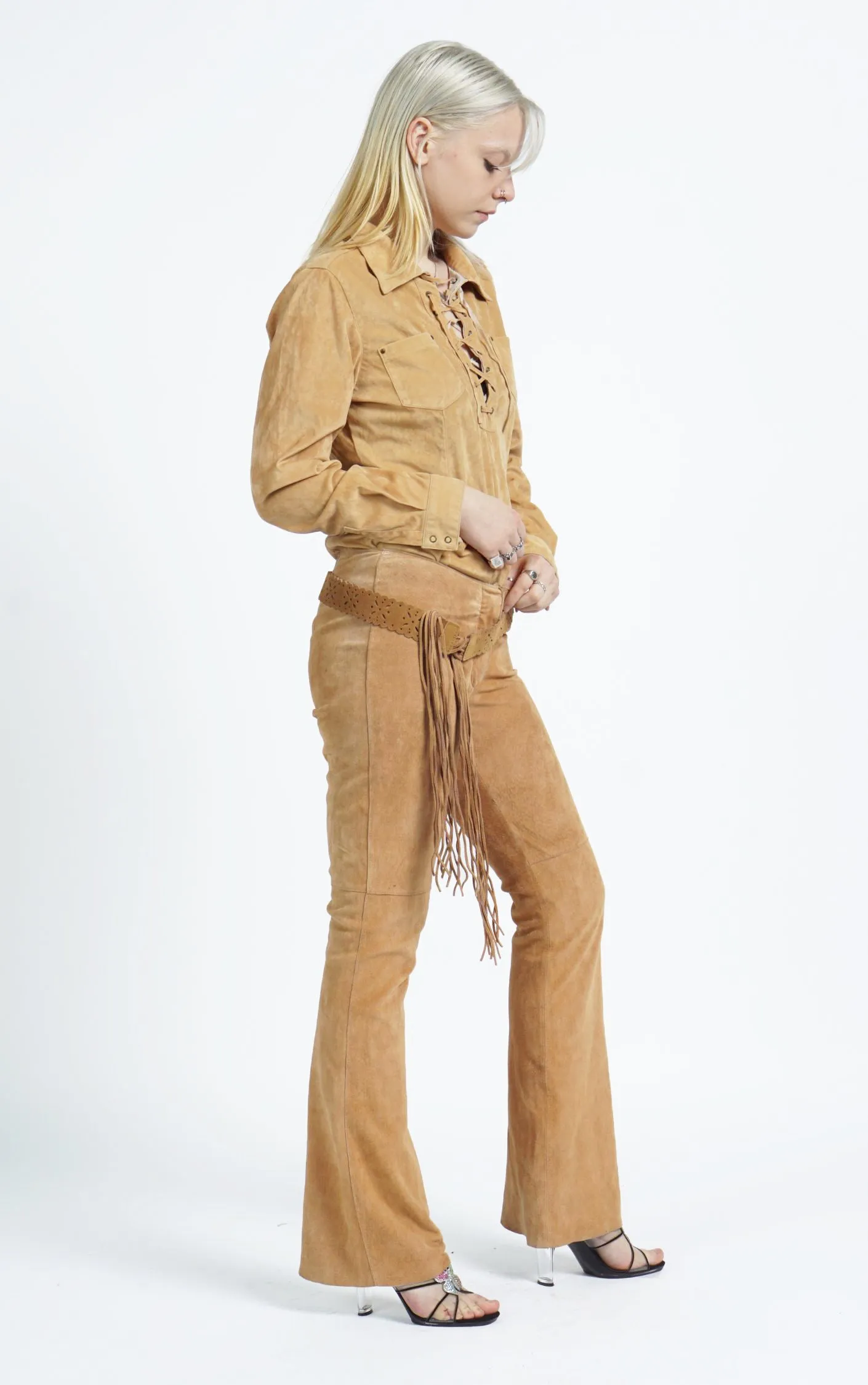 VINTAGE Y2K Brown Leather Flared Boot Cut Belted Pants