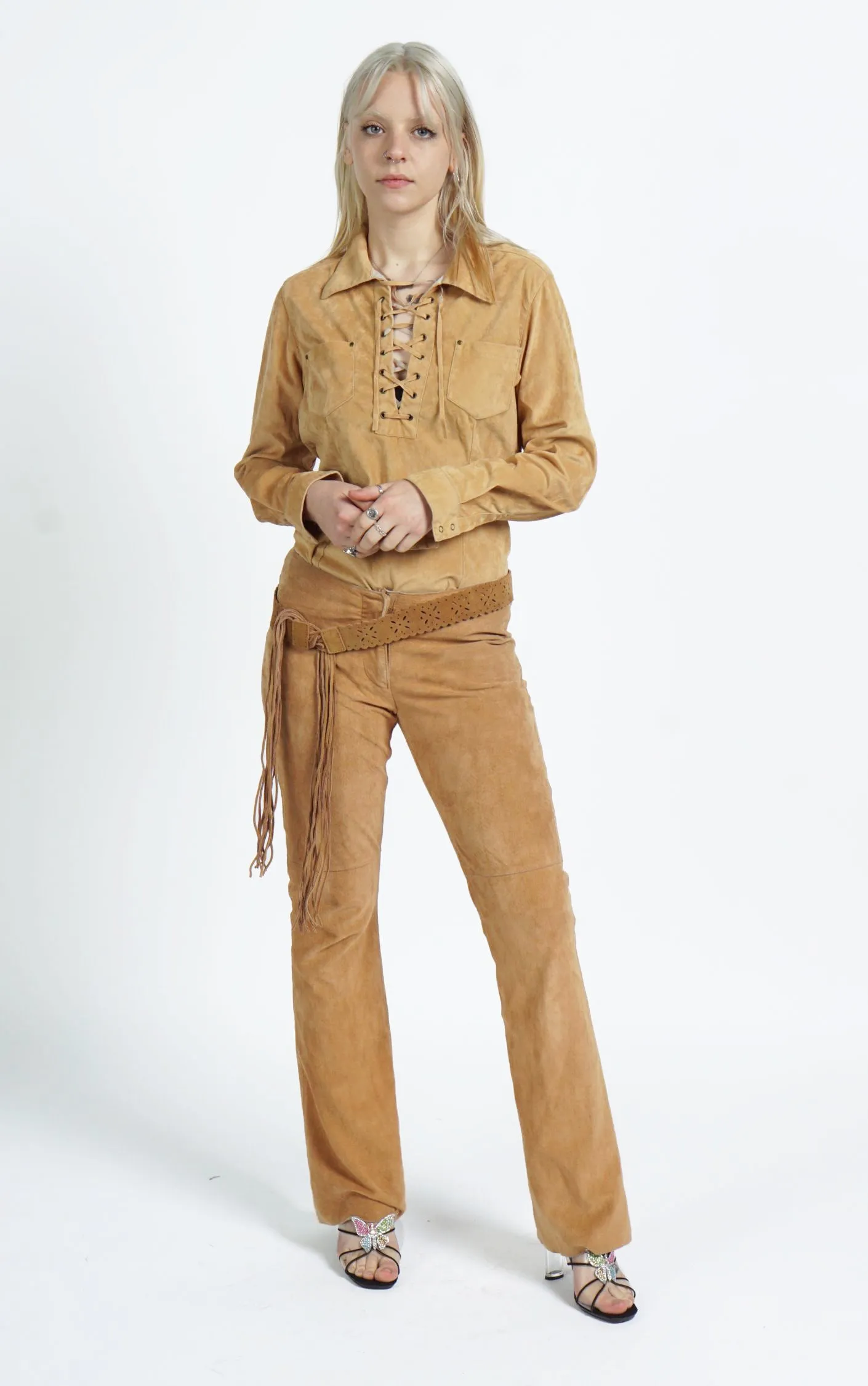 VINTAGE Y2K Brown Leather Flared Boot Cut Belted Pants