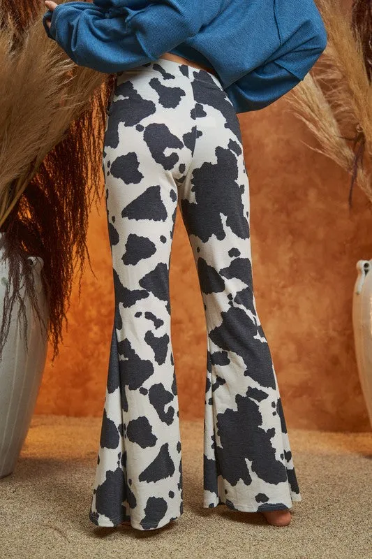 Western Cow Print Flared Pants - Mocha