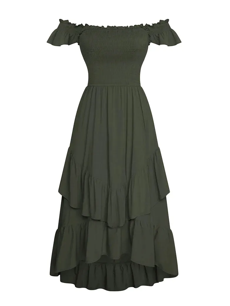 Women Off Shoulder Ruffle Sleeve Layered Pocket Dress