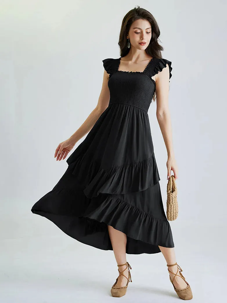 Women Off Shoulder Ruffle Sleeve Layered Pocket Dress