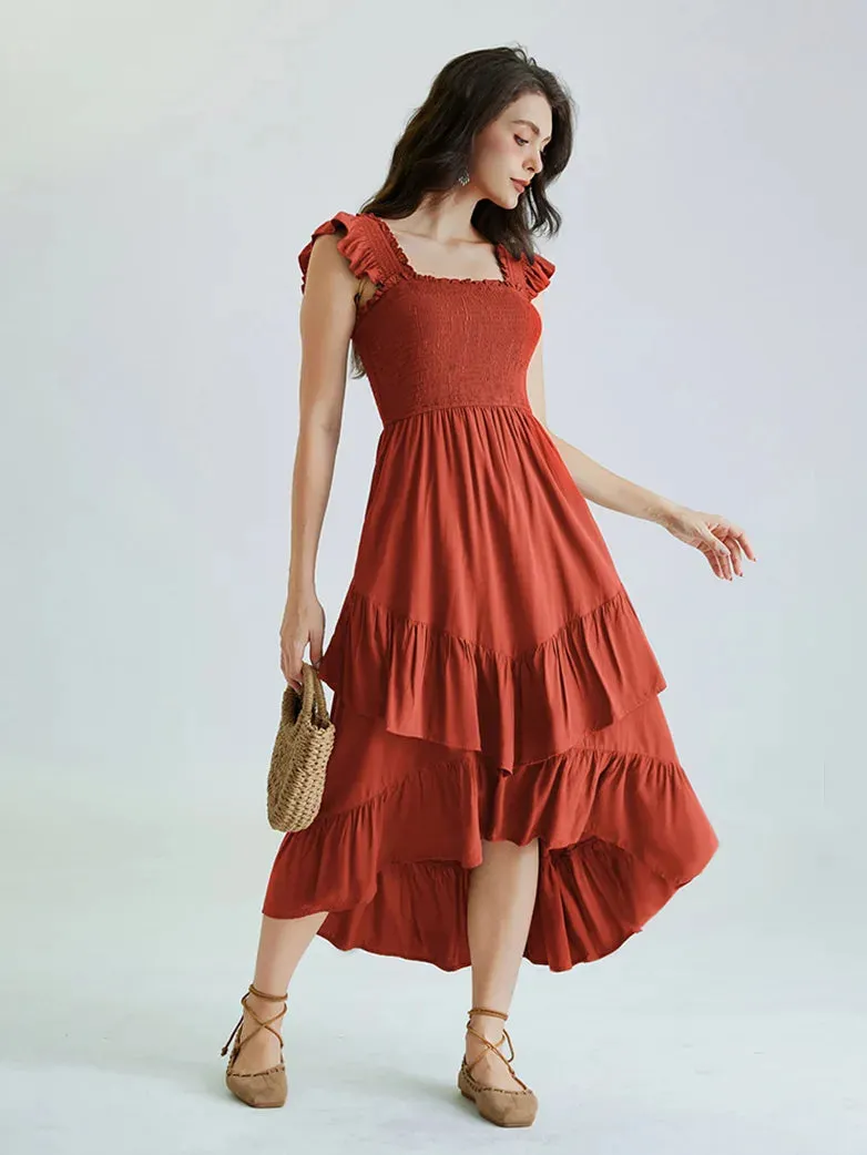 Women Off Shoulder Ruffle Sleeve Layered Pocket Dress