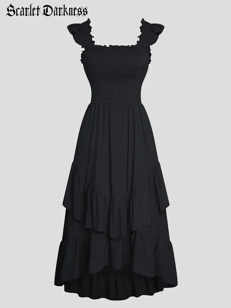 Women Off Shoulder Ruffle Sleeve Layered Pocket Dress