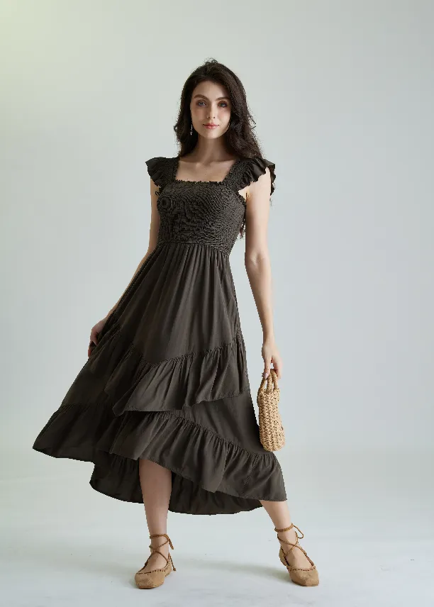 Women Off Shoulder Ruffle Sleeve Layered Pocket Dress