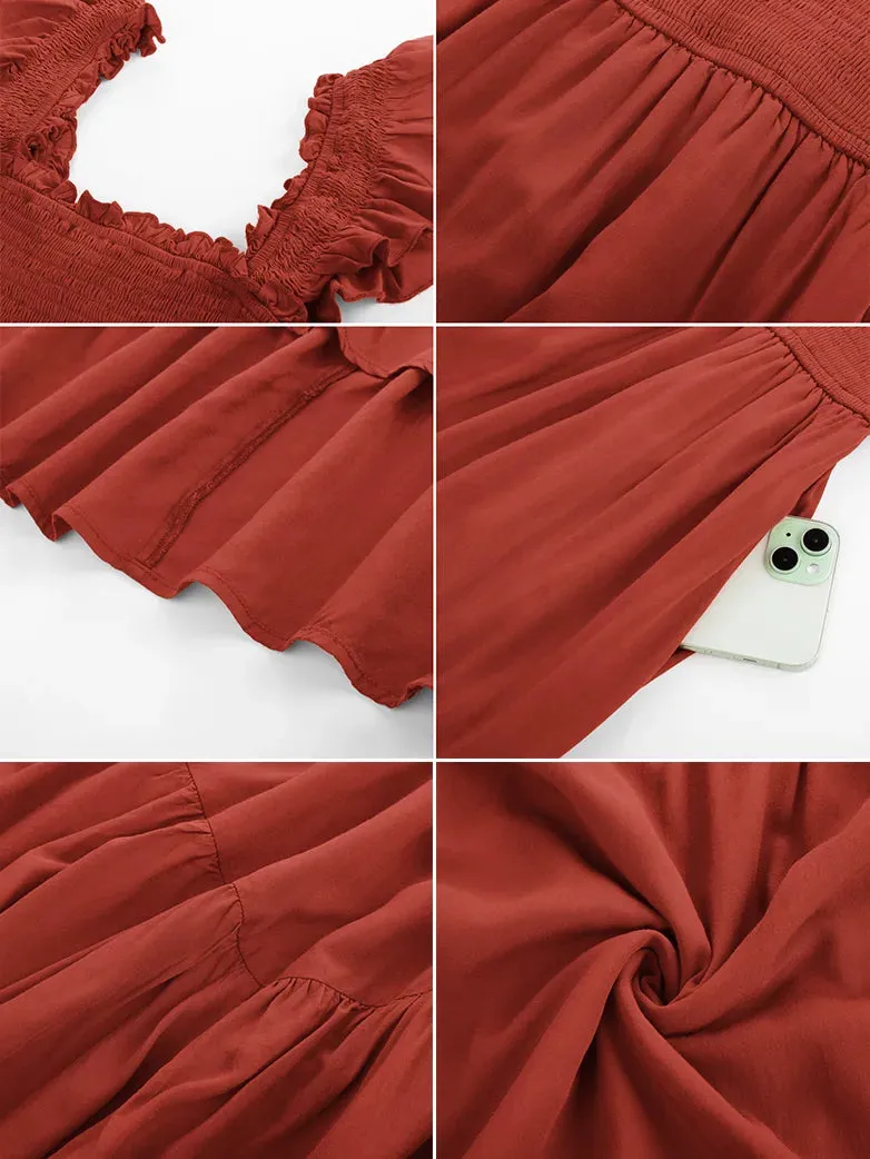 Women Off Shoulder Ruffle Sleeve Layered Pocket Dress