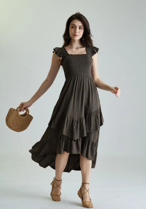 Women Off Shoulder Ruffle Sleeve Layered Pocket Dress