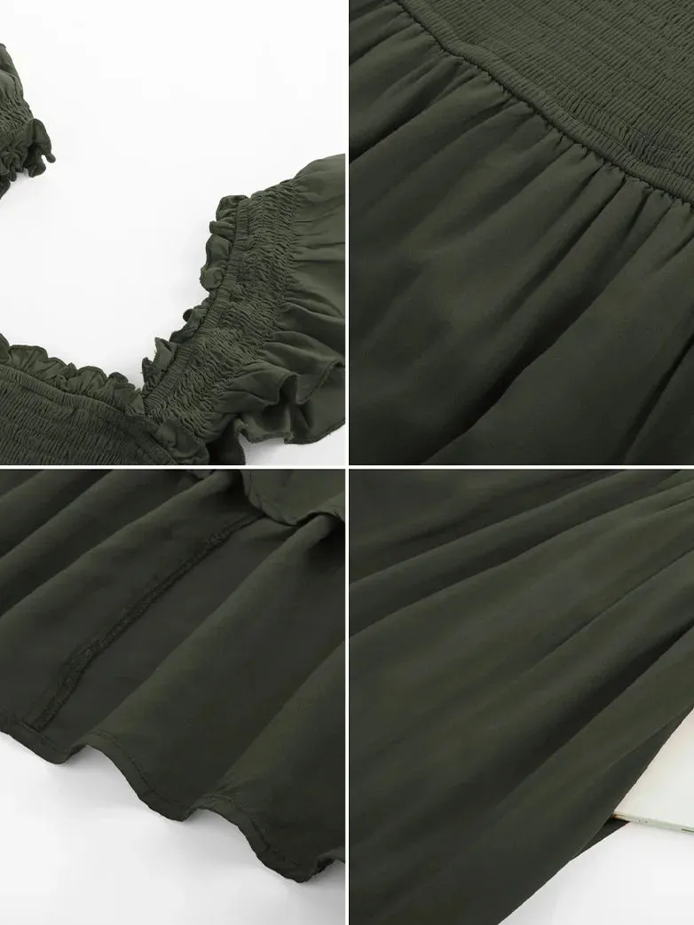 Women Off Shoulder Ruffle Sleeve Layered Pocket Dress