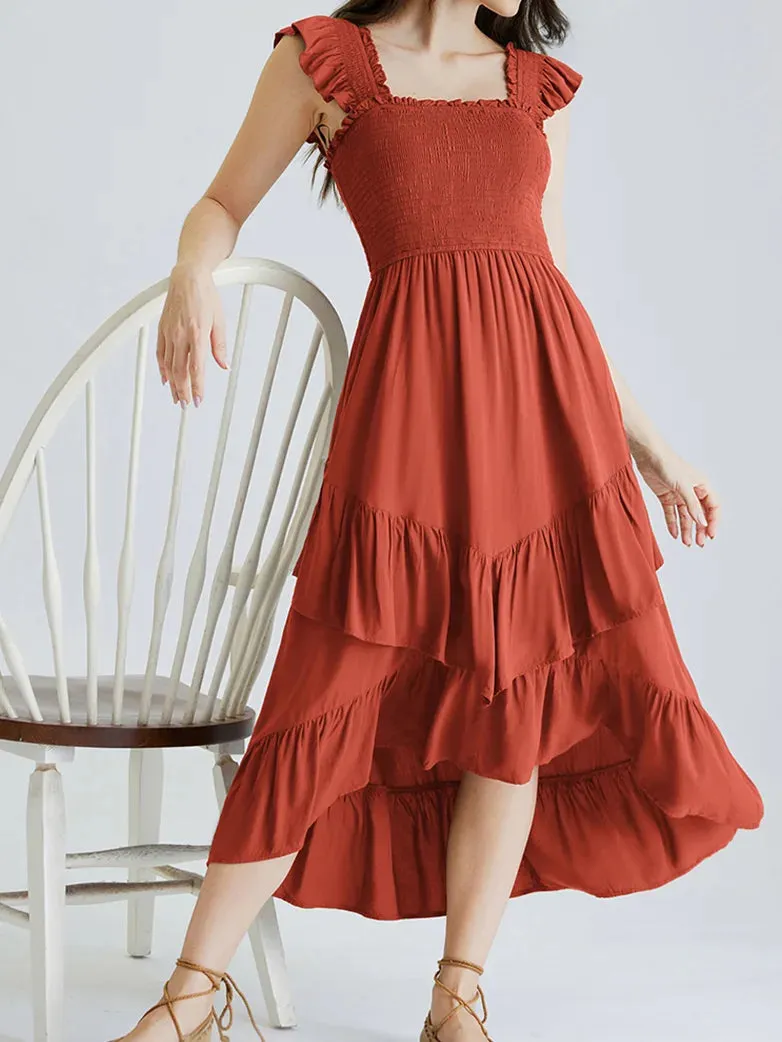 Women Off Shoulder Ruffle Sleeve Layered Pocket Dress