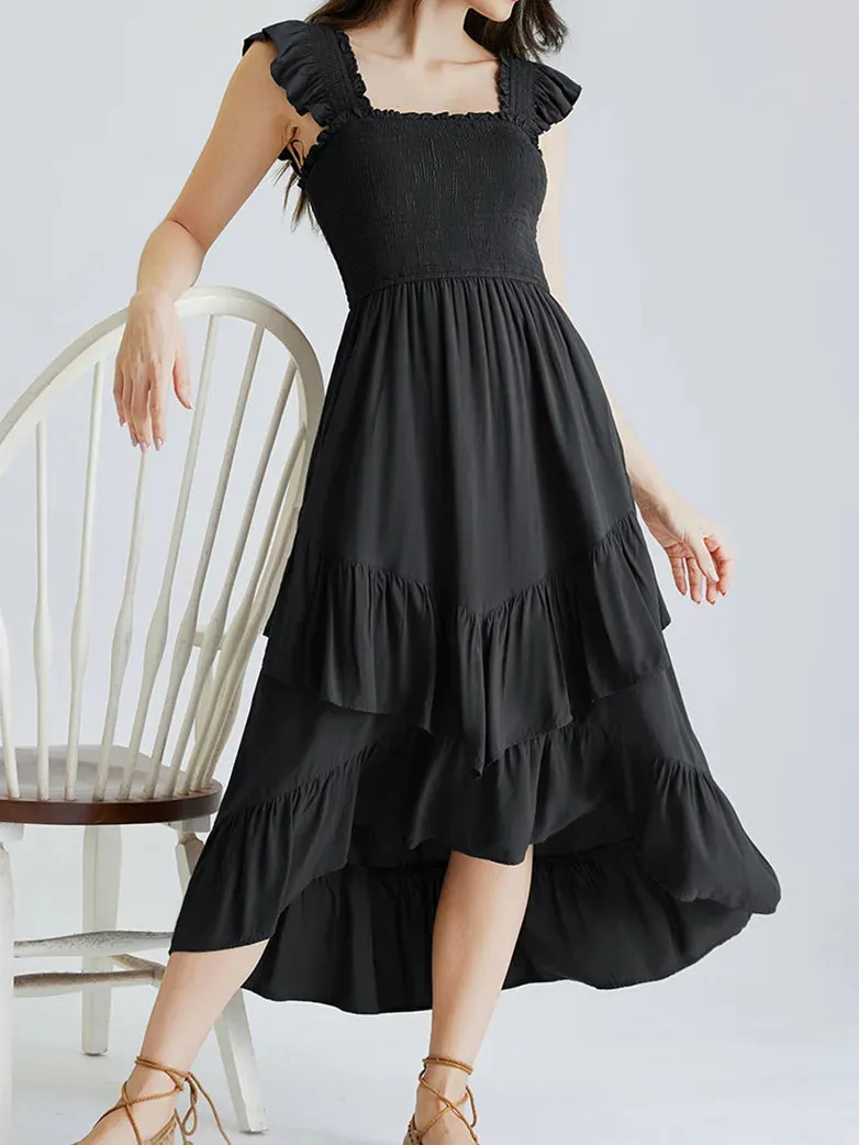 Women Off Shoulder Ruffle Sleeve Layered Pocket Dress