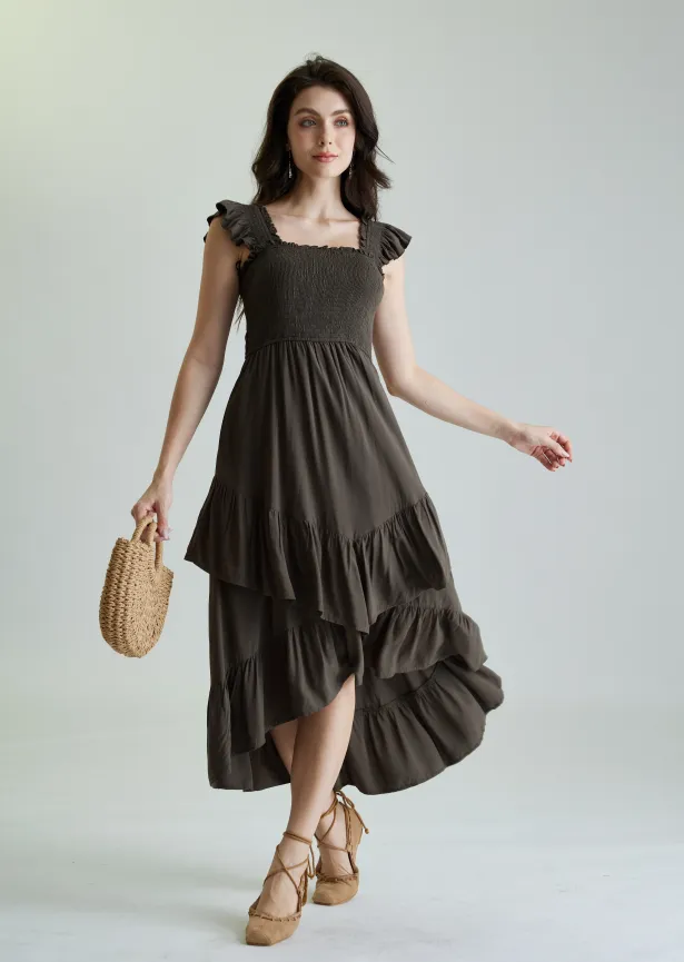 Women Off Shoulder Ruffle Sleeve Layered Pocket Dress