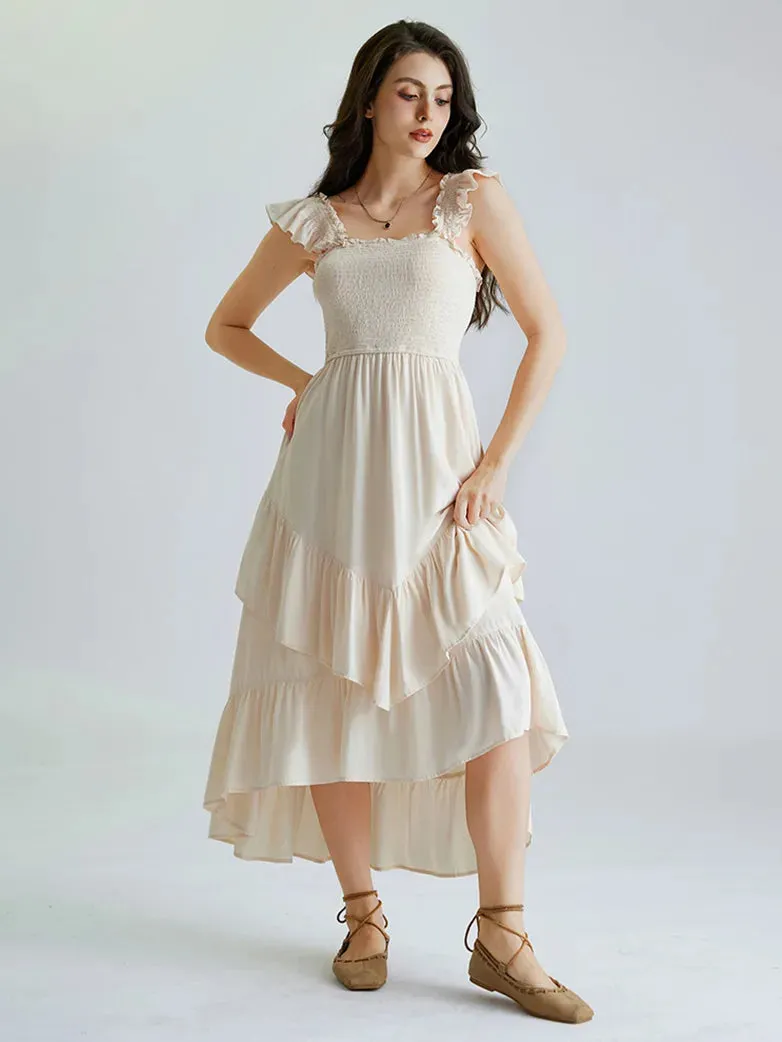 Women Off Shoulder Ruffle Sleeve Layered Pocket Dress