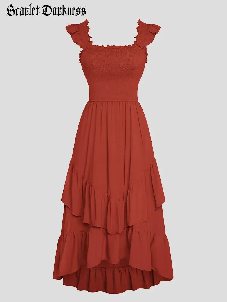 Women Off Shoulder Ruffle Sleeve Layered Pocket Dress