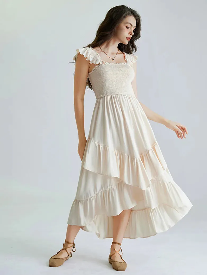 Women Off Shoulder Ruffle Sleeve Layered Pocket Dress